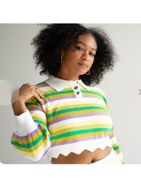 FIND ME NOW LOU LONG SLEEVE CROPPED POLO SWEATER SIZE SMALL RETRO